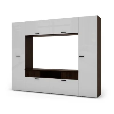 Zabudowana meblościanka z miejscem na telewizor 240×190 cm Sonoma Ciemna / Biały Połysk – PLUTON