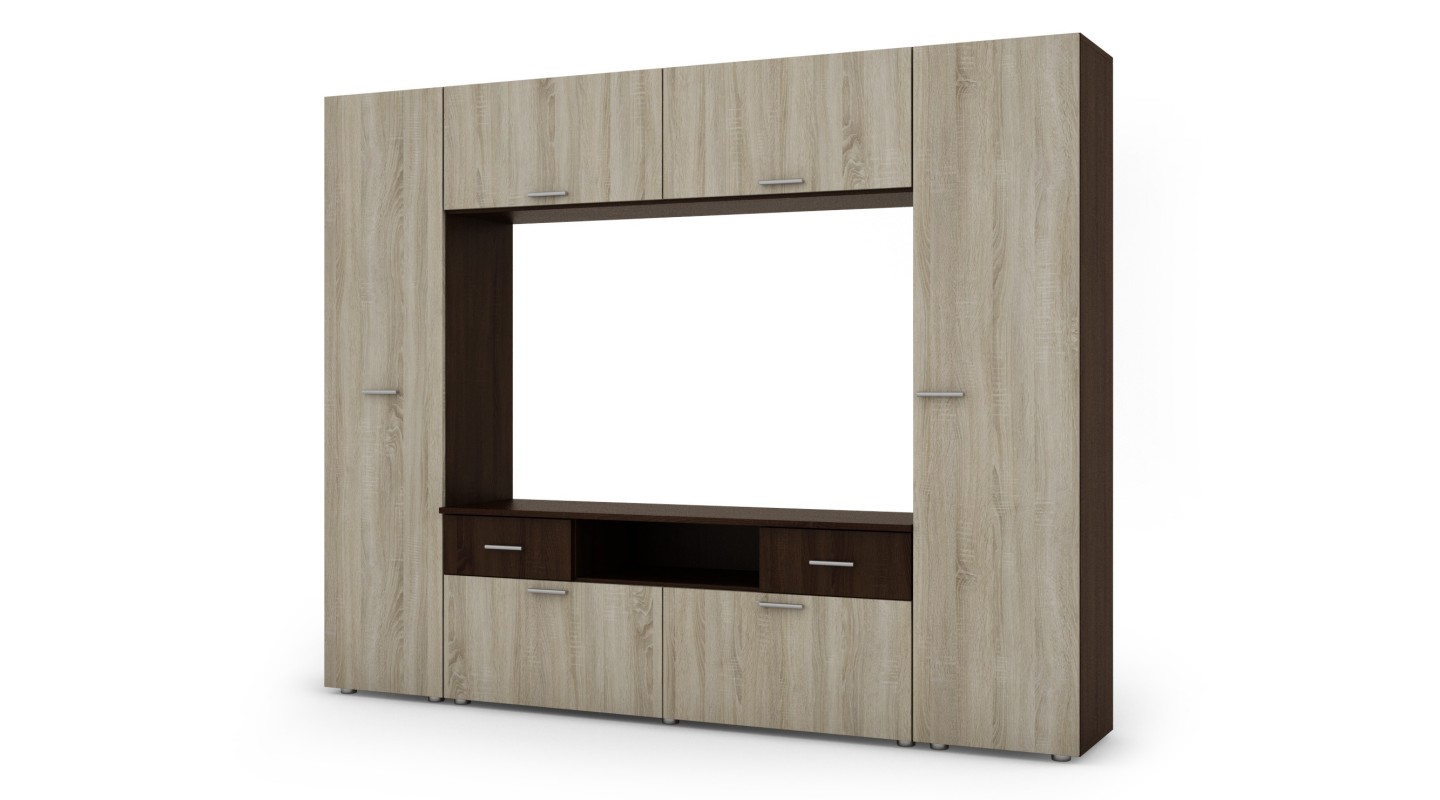 Zabudowana meblościanka z miejscem na telewizor 240×190 cm Sonoma Ciemna / Sonoma Jasna – PLUTON Zabudowana meblościanka z miejscem na telewizor 240×190 cm Sonoma Ciemna / Sonoma Jasna – PLUTON