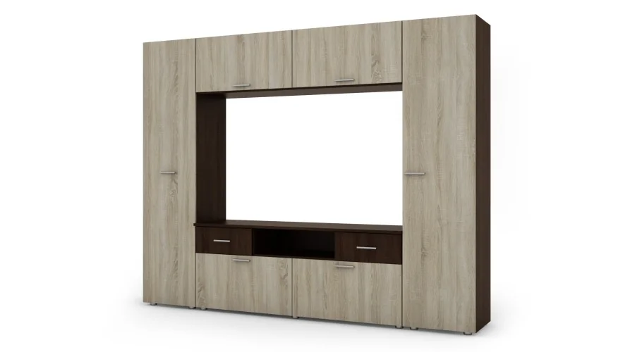 Zabudowana meblościanka z miejscem na telewizor 240×190 cm Sonoma Ciemna / Sonoma Jasna – PLUTON Zabudowana meblościanka z miejscem na telewizor 240×190 cm Sonoma Ciemna / Sonoma Jasna – PLUTON
