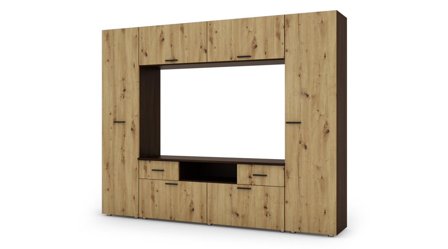 Zabudowana meblościanka z miejscem na telewizor 240×190 cm Sonoma Ciemna / Dąb Artisan – PLUTON