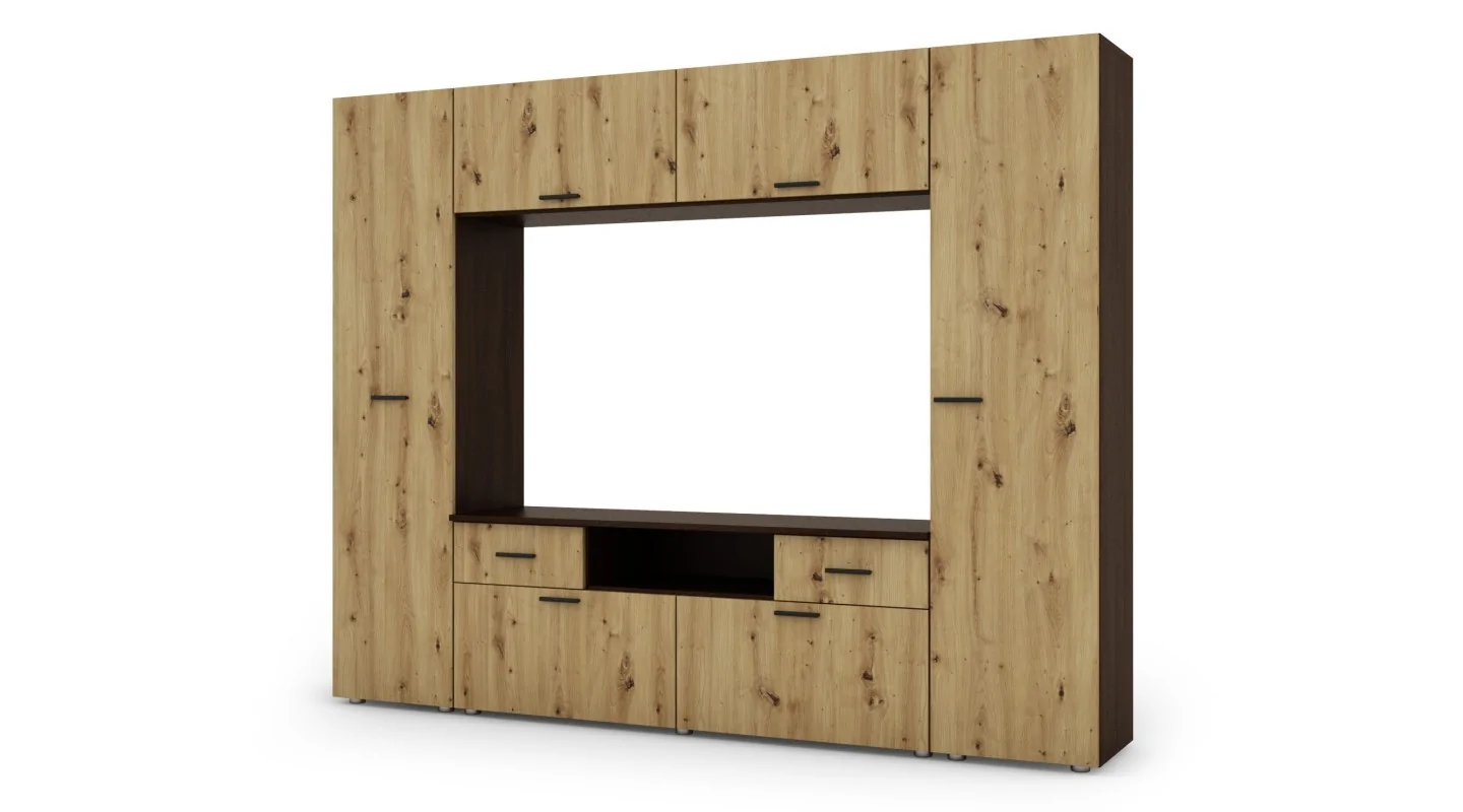 Zabudowana meblościanka z miejscem na telewizor 240×190 cm Sonoma Ciemna / Dąb Artisan – PLUTON