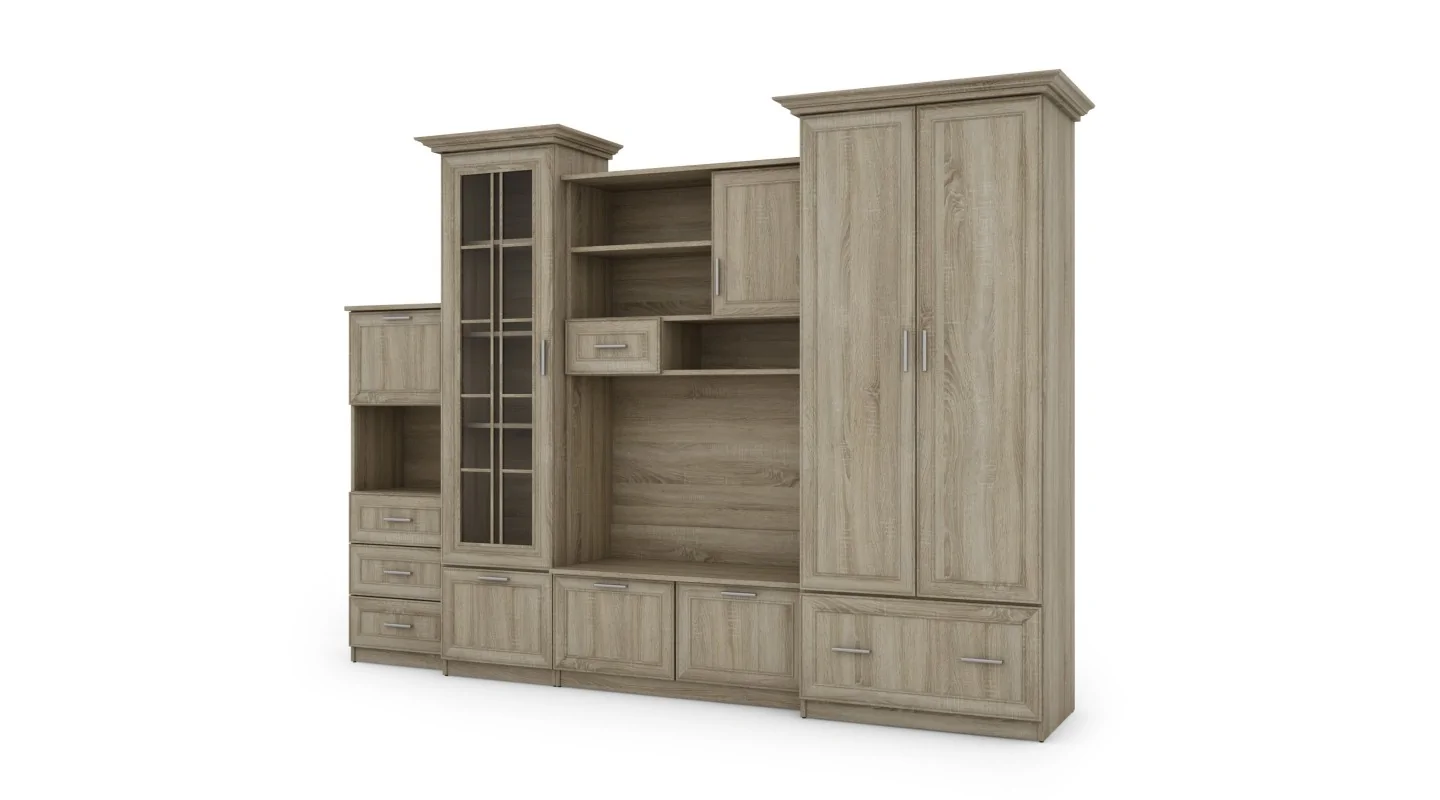Klasyczna meblościanka z pojemną szafą i barkiem 280×207 cm Sonoma Jasna – MILO Klasyczna meblościanka z pojemną szafą i barkiem 280×207 cm Sonoma Jasna – MILO