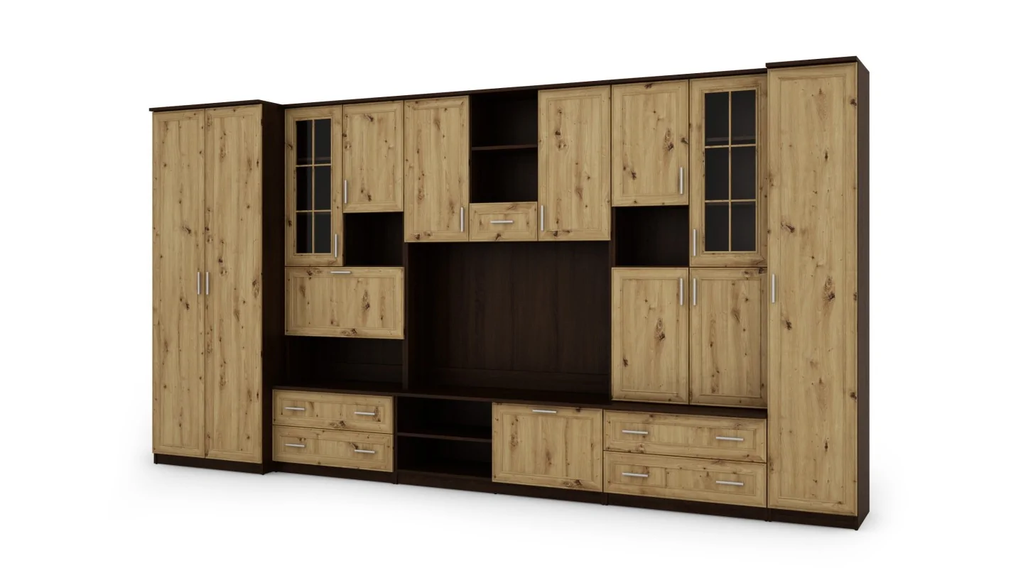 Meblościanka z barkiem i szafą, RTV 400×210 cm Sonoma Ciemna / Dąb Artisan – CYKLON