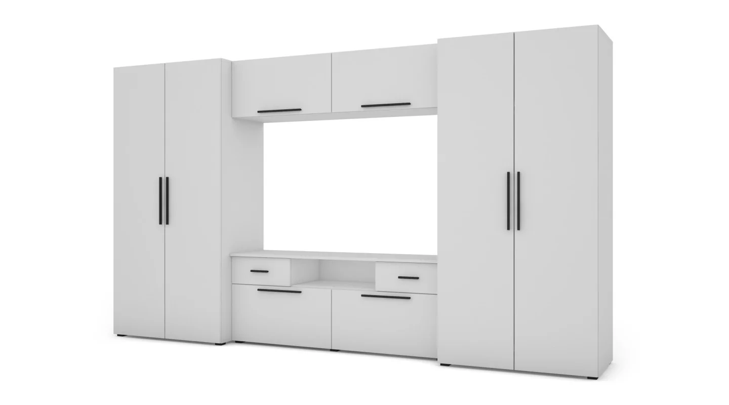 Nowoczesna meblościanka z pojemnymi szafami, RTV, nadstawkami i szafkami 330×189 cm Biel Arktyczna – ZEUS
