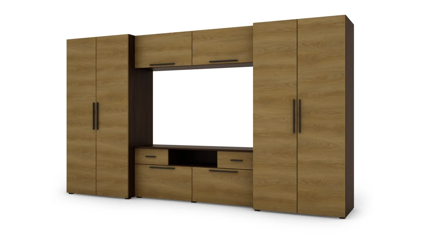 Nowoczesna meblościanka z pojemnymi szafami, RTV, nadstawkami i szafkami 330×189 cm Sonoma Ciemna / Dąb Karmel – ZEUS