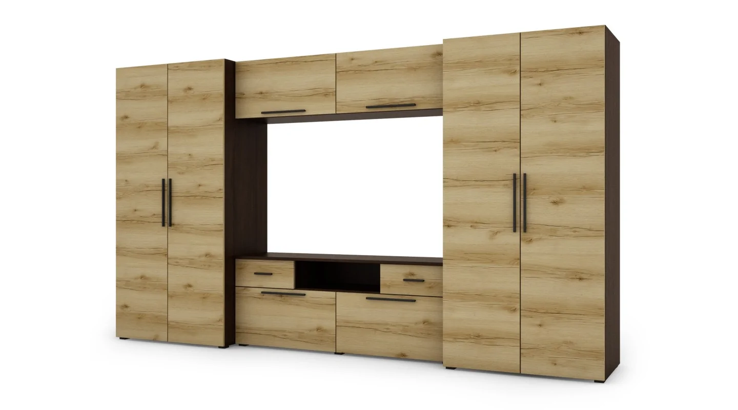 Nowoczesna meblościanka z pojemnymi szafami, RTV i nadstawkami 330×189 cm Sonoma Ciemna / Dąb Grand – ZEUS