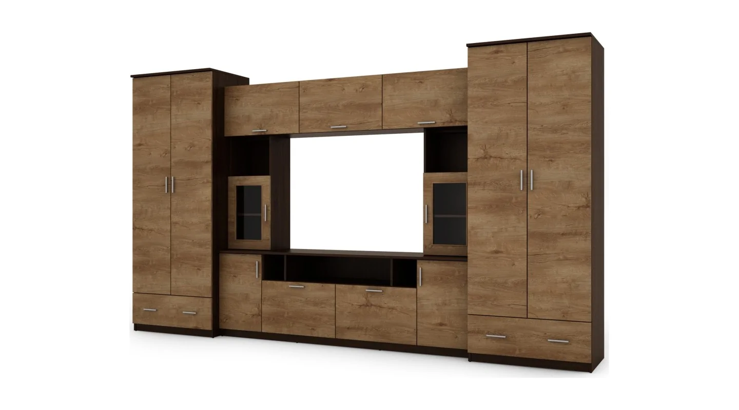 Meblościanka z nadstawkami, dużymi szafami i miejscem na TV 370×210 cm Sonoma Ciemna / Dąb Lefkas – TAJGA