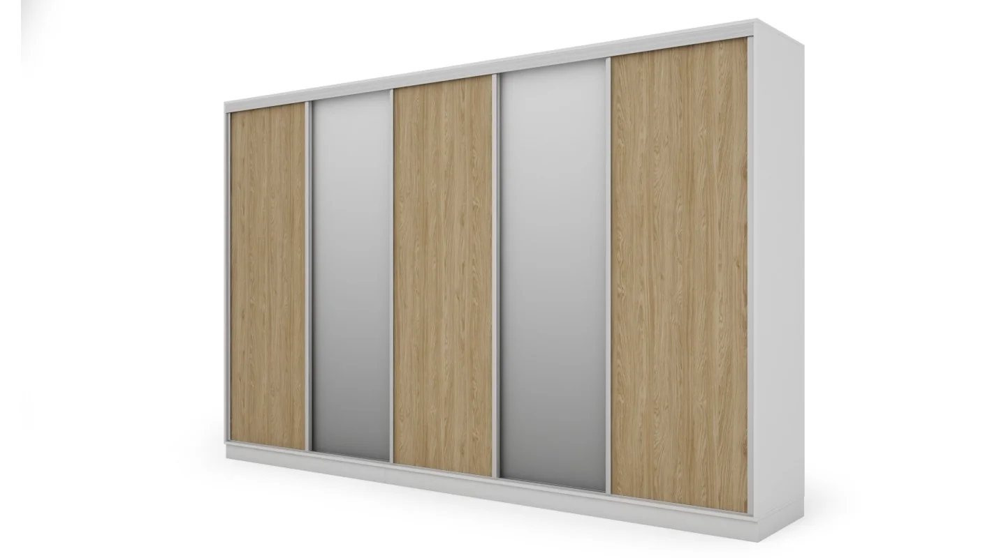 Szafa przesuwna 380x244 cm biel /dąb olejowany 2 lustra - Navero | eMeblast Szafa przesuwna 380x244 cm biel /dąb olejowany 2 lustra - Navero | eMeblast