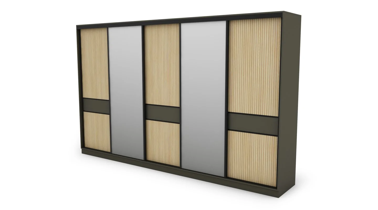 Szafa przesuwna 360x244 cm szary grafit dąb gaja lamele 2 lustra - Torvello | eMeblast