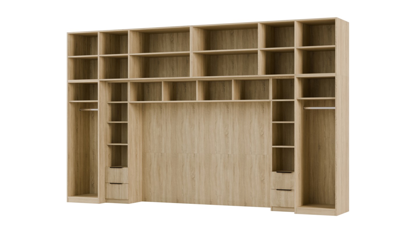 Zabudowa do sypialni 364x225 cm Sonoma Jasna z 2 lustrami – SARA | eMeblast Zabudowa do sypialni 364x225 cm Sonoma Jasna z 2 lustrami – SARA | eMeblast