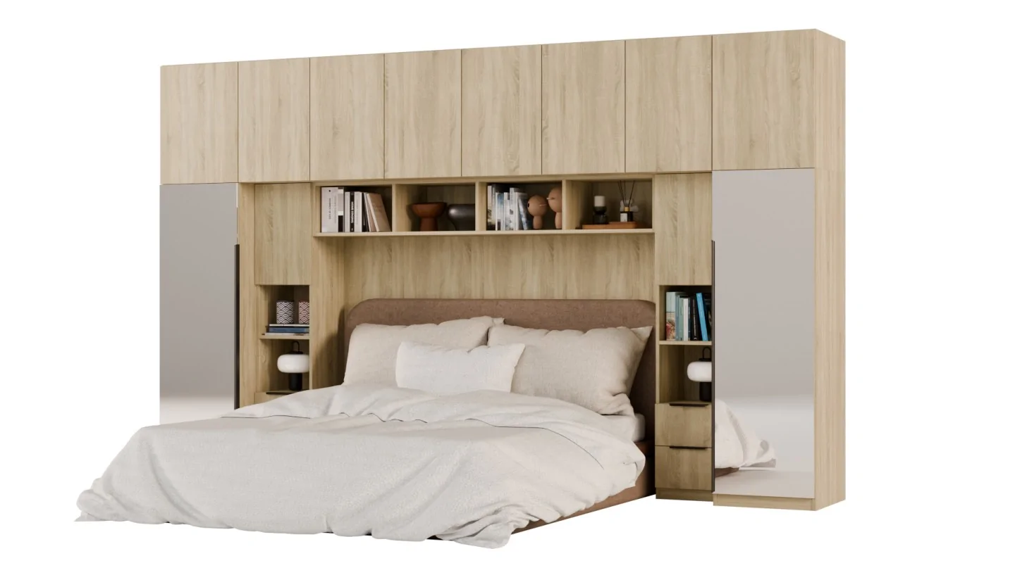 Zabudowa do sypialni 364x225 cm Sonoma Jasna z 2 lustrami – SARA | eMeblast Zabudowa do sypialni 364x225 cm Sonoma Jasna z 2 lustrami – SARA | eMeblast