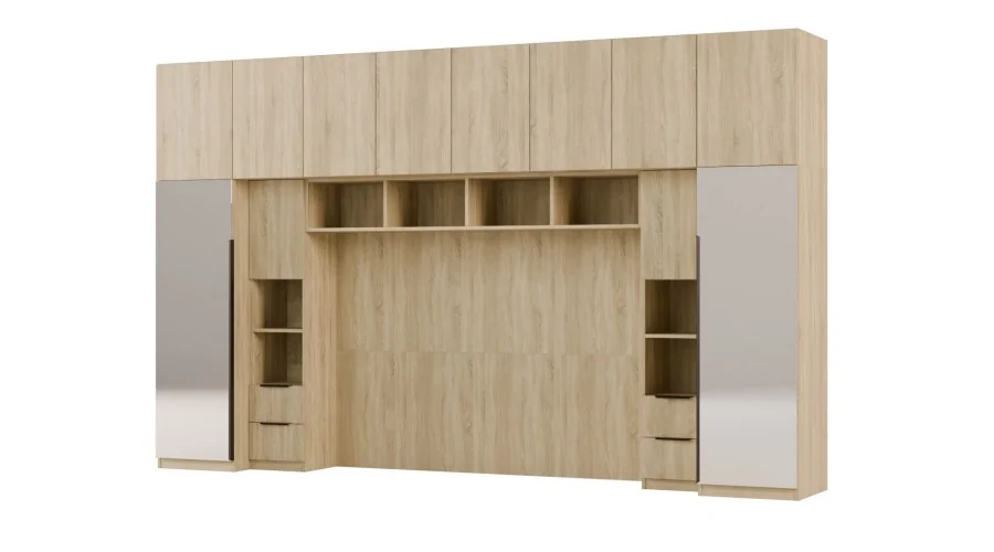 Zabudowa do sypialni 364x225 cm Sonoma Jasna z 2 lustrami – SARA | eMeblast Zabudowa do sypialni 364x225 cm Sonoma Jasna z 2 lustrami – SARA | eMeblast