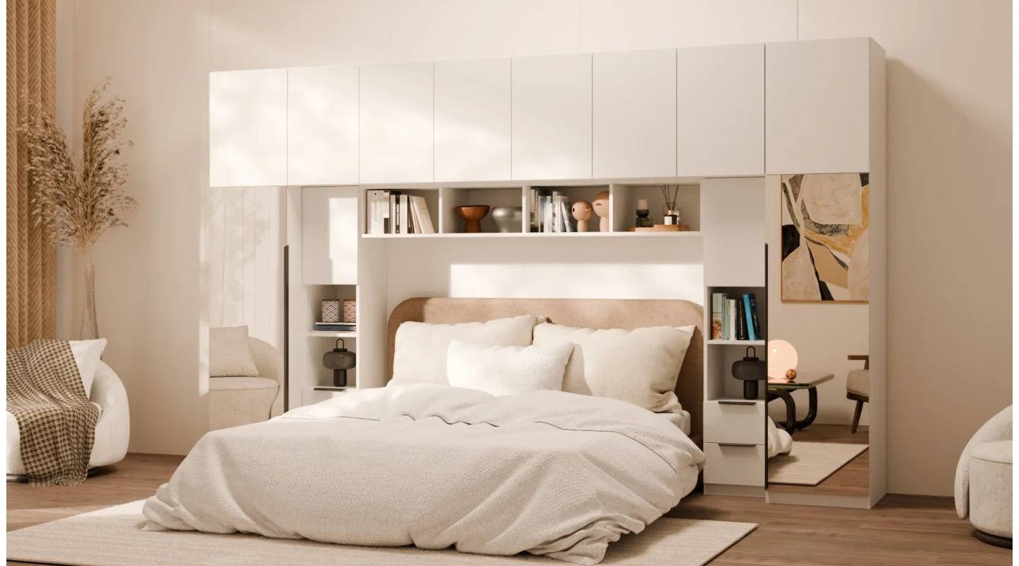 Zabudowa do sypialni 364x225 cm Biel Kredowa z 2 lustrami – SARA | eMeblast
