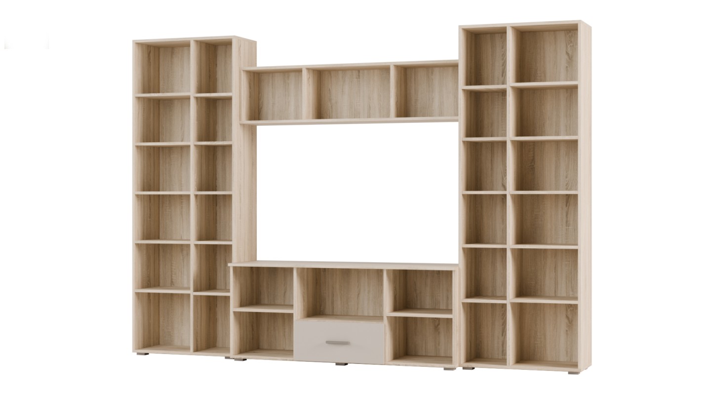 Meblościanka z szafami i miejscem na TV 300x210 cm Sonoma Jasna/Kaszmirowy Beż – Victoria