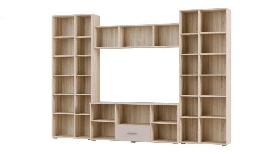 Meblościanka z szafami i miejscem na TV 300x210 cm Sonoma Jasna/Kaszmirowy Beż – Victoria