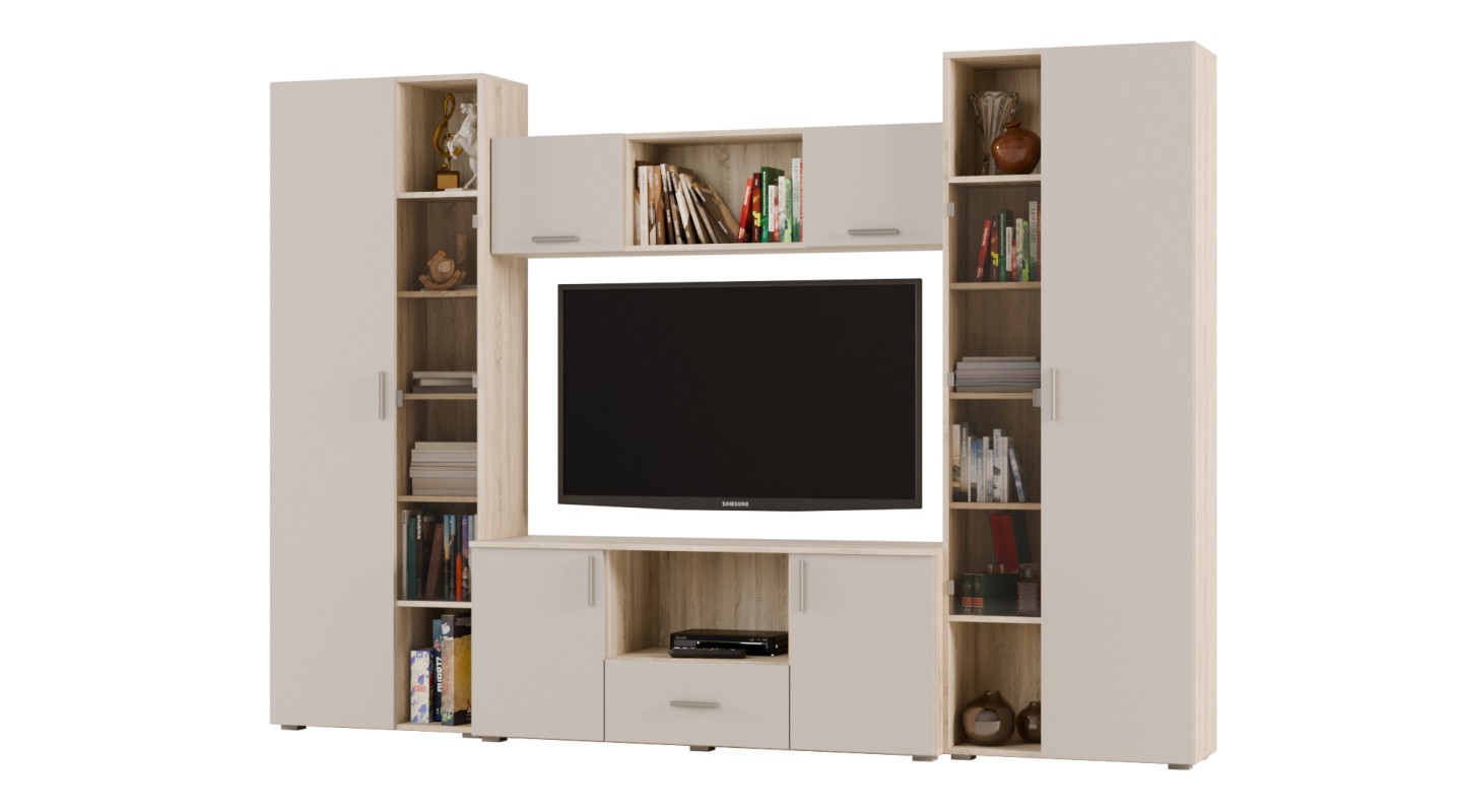 Meblościanka z szafami i miejscem na TV 300x210 cm Sonoma Jasna/Kaszmirowy Beż – Victoria
