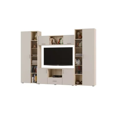 Meblościanka z szafami i miejscem na TV 300x210 cm Sonoma Jasna/Kaszmirowy Beż – Victoria