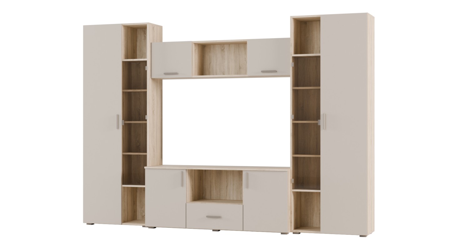 Meblościanka z szafami i miejscem na TV 300x210 cm Sonoma Jasna/Kaszmirowy Beż – Victoria