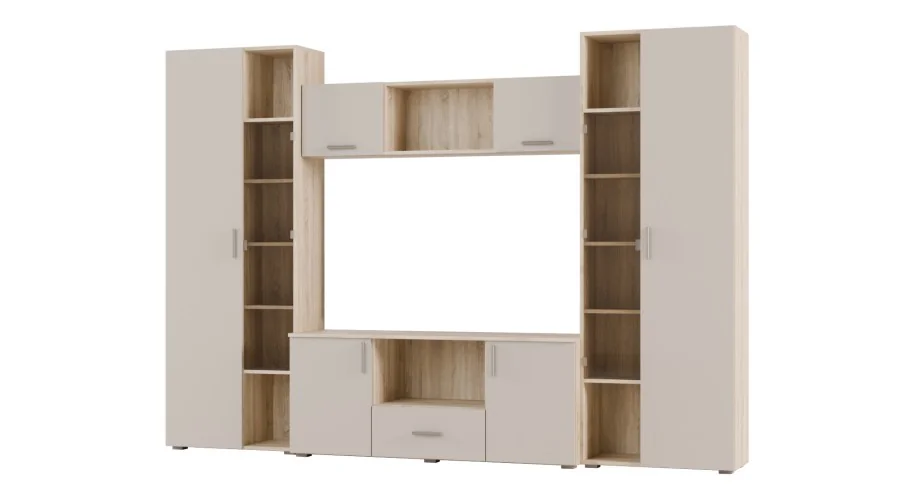 Meblościanka z szafami i miejscem na TV 300x210 cm Sonoma Jasna/Kaszmirowy Beż – Victoria