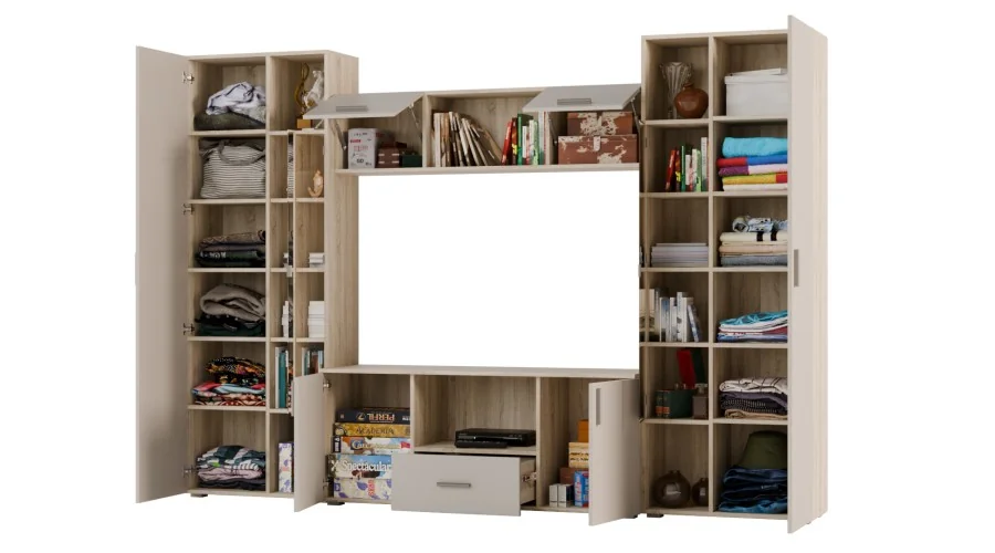 Meblościanka z szafami i miejscem na TV 300x210 cm Sonoma Jasna/Kaszmirowy Beż – Victoria