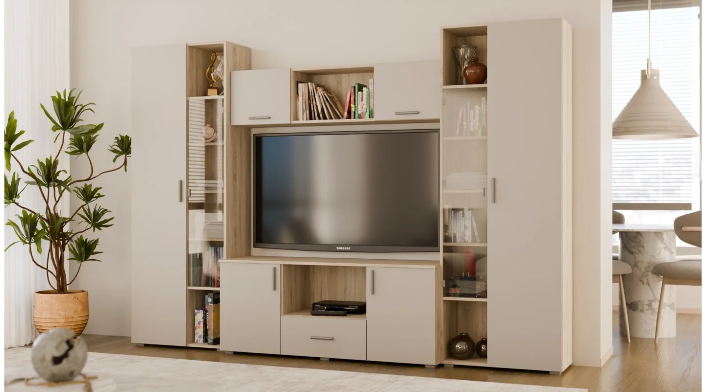 Meblościanka z szafami i miejscem na TV 300x210 cm Sonoma Jasna/Kaszmirowy Beż – Victoria