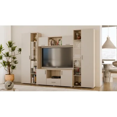 Meblościanka z szafami i miejscem na TV 300x210 cm Sonoma Jasna/Kaszmirowy Beż – Victoria
