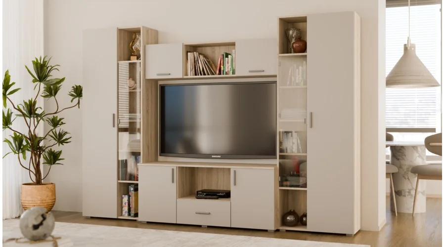 Meblościanka z szafami i miejscem na TV 300x210 cm Sonoma Jasna/Kaszmirowy Beż – Victoria