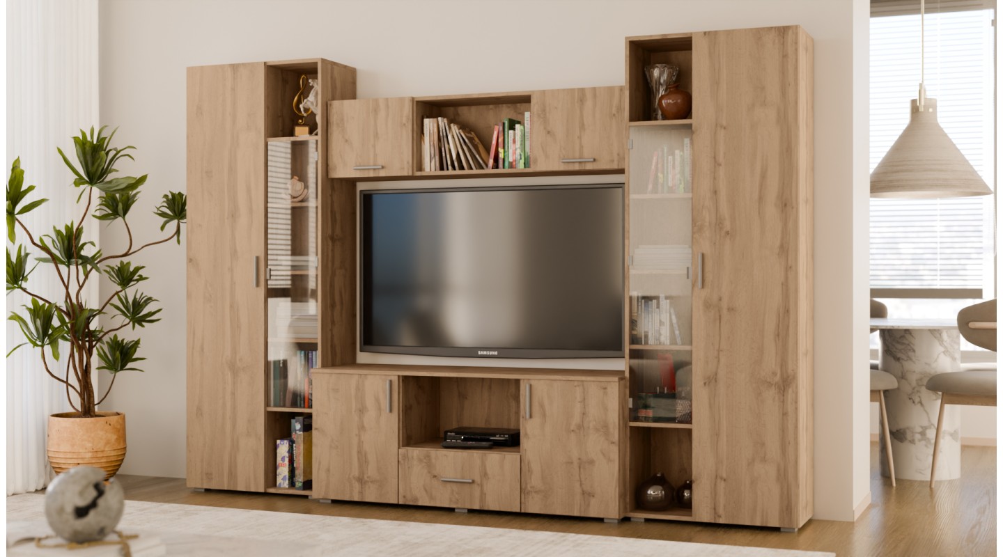Meblościanka z szafami i miejscem na TV 300x210 cm Dąb Wotan – Victoria