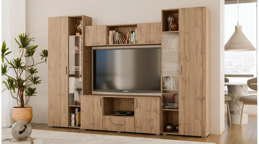 Meblościanka z szafami i miejscem na TV 300x210 cm Dąb Wotan – Victoria