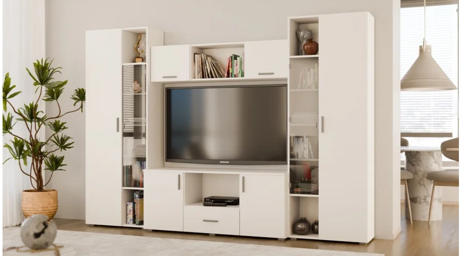 Meblościanka z szafami i miejscem na TV 300x210 cm Biel Kredowa – Victoria