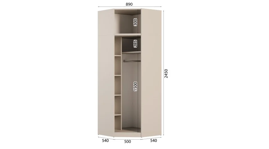 Szafa narożna modułowa 89x245 cm z lustrem, drążkiem i półkami – System MAX