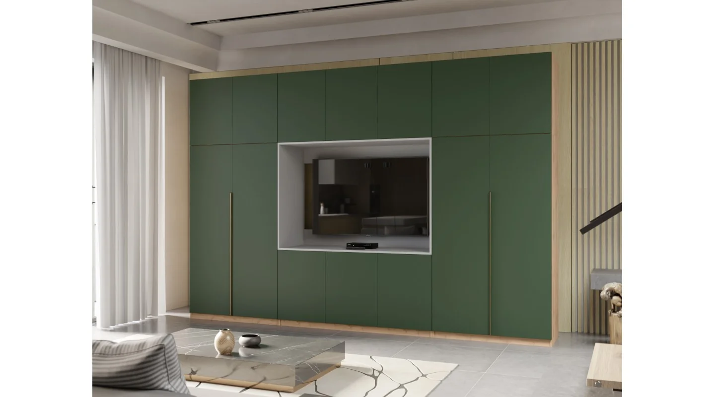 Minimalistyczna meblościanka z strefą RTV 350×240 cm Dąb Wotan Zieleń Butelkowa - HORIZON