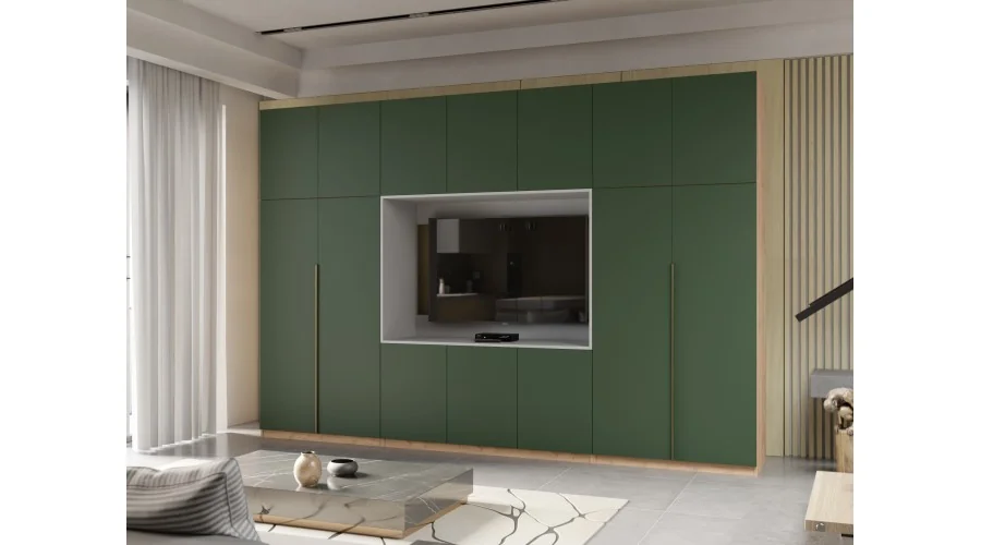 Minimalistyczna meblościanka z strefą RTV 350×240 cm Dąb Wotan Zieleń Butelkowa - HORIZON